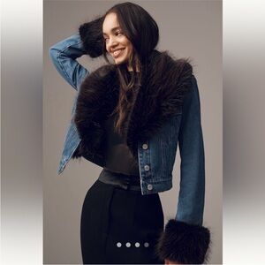 Anthropologie NWT Avec Les Filles Faux-Fur Trim Denim Jacket size XS.
